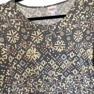 LuLaRoe Irma Large Tunic Top High Low Geometric Snowflake Gray Yellow Blue Tan